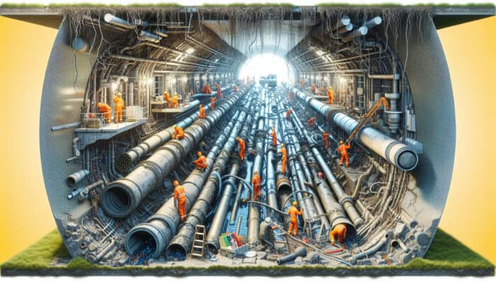 Sewer Repair Services in New Westminster: Cross-section of a sewer system showing various issues and workers repairing it in an urban setting.