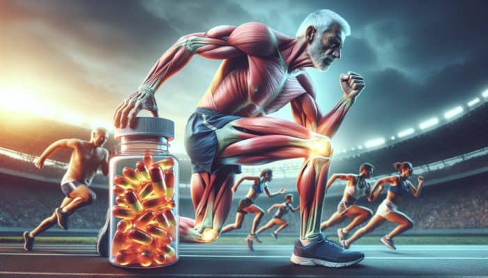 Best Supplements for Older Runners: An older runner taking supplements, with symbols of strong knees and a marathon finish line, enhancing recovery and performance.