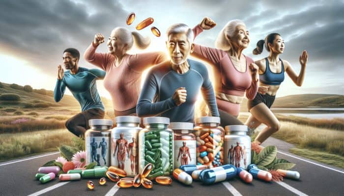 A vibrant collage of aging runners with supplements and expert diagrams on serene sunrise trails.