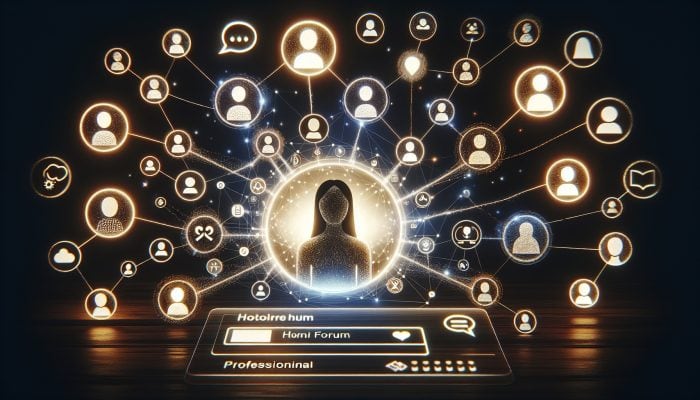 Online Forums for Mental Health: A glowing digital forum interface with diverse people icons connected by light threads, overseen by a professional in a serene space.