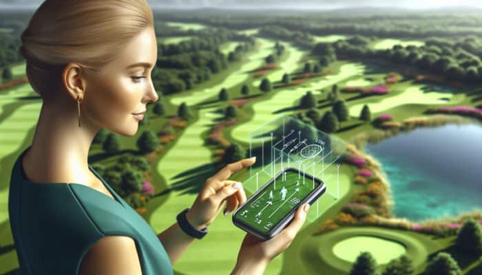 A golfer utilizing a modern GPS device on a vibrant green course under a sunny sky.