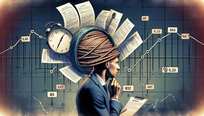 Utilizing Debt Consolidation to Improve Credit Quickly: UK Strategies | DCL Individual in the UK contemplating debt consolidation, surrounded by financial documents, with a clock and calendar in the background.
