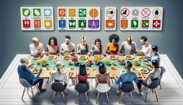 A diverse group enjoying allergen-free, vegetarian, vegan, and gluten-free dishes at a dinner table with allergy cards.