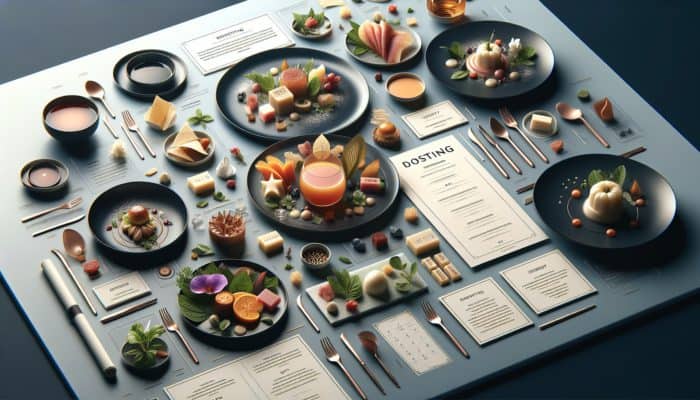 A multi-course tasting menu presented on small, artistic plates, showcasing culinary artistry and thematic consistency.