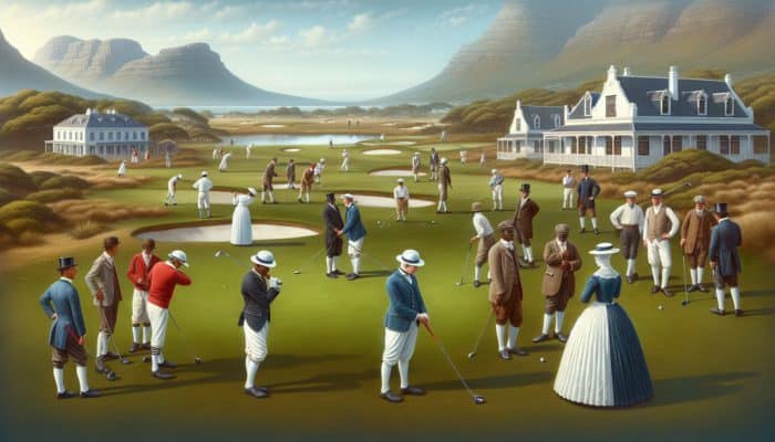Best Golf Courses In North Carolina: Golfers in 1885 attire playing at Cape Golf Club, Cape Town, with colonial architecture and lush landscapes.
