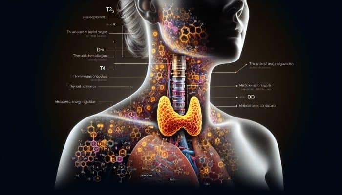 Thyroid Blood Test in Aylesbury: Illustration of thyroid gland with T3, T4, TSH vials, metabolic and energy regulation diagrams.