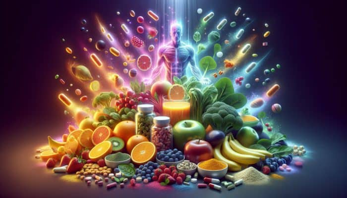 A colorful display of fruits, vegetables, and supplements representing essential micronutrients for muscle recovery.