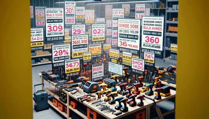 Tool Rental Discounts for House Clearance: A colorful array of power tools on a workbench with discount tags and promotional banners in a busy tool rental store.