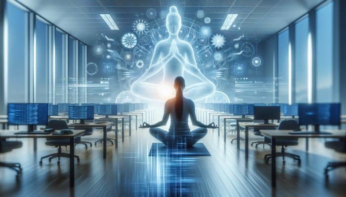 Health Tips for Women in Tech: A tech worker practicing yoga and meditation in a modern office, symbolizing stress relief.