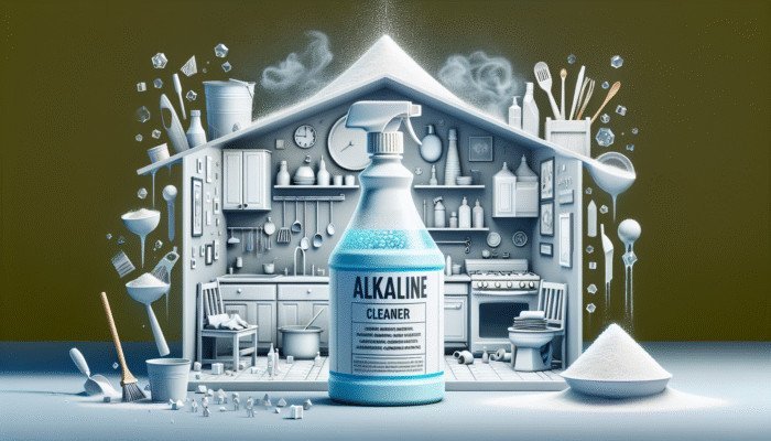 Bottle of alkaline cleaner (pH 9-14) with sodium carbonate and hydroxide, effectively removing kitchen and bathroom stains.