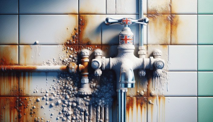 Modern UK bathroom with rust and limescale on fixtures and tiles, showing need for cleaning.