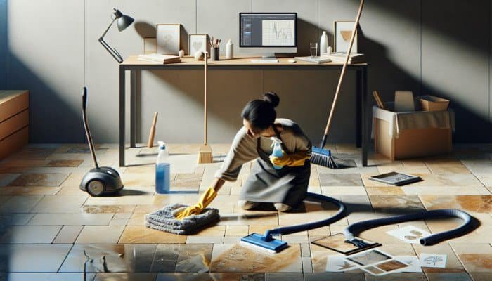 Person cleaning travertine tiles with microfiber cloth and pH-neutral cleaner, mop and vacuum nearby.