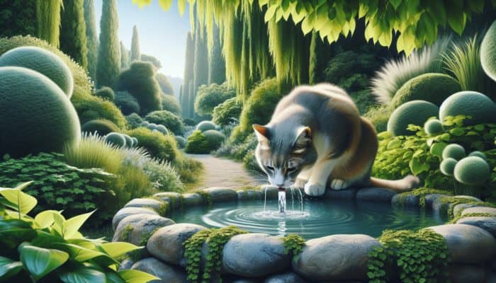 Hydration Monitoring for Elderly Cats: An elderly cat drinking from a fountain amidst greenery, symbolizing hydration's importance for aging felines' health.