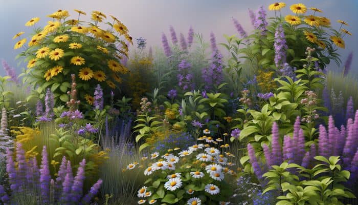 A serene garden featuring St. John's Wort, lavender, and chamomile, symbolizing natural relief from depression.
