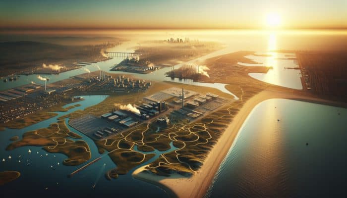 Affordable Coastal Entry-Level Properties in Richards Bay: Aerial view of Richards Bay at sunset, highlighting beaches, industry, and nature reserves with community events.