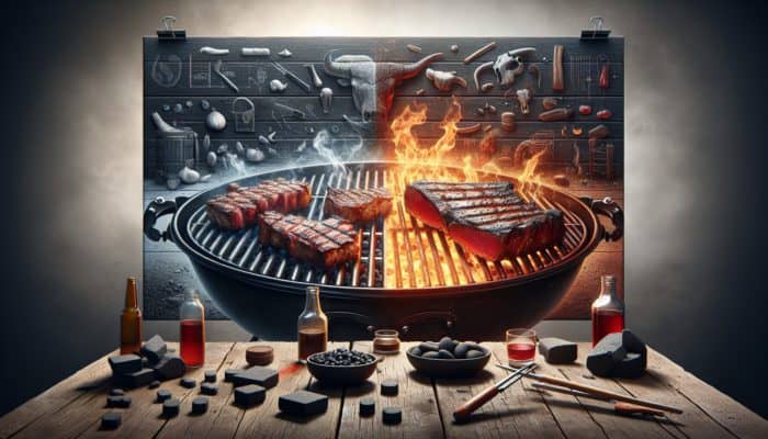 Comparison of briquettes and lump charcoal on a rustic table, with steaks searing and ribs slow-cooking.