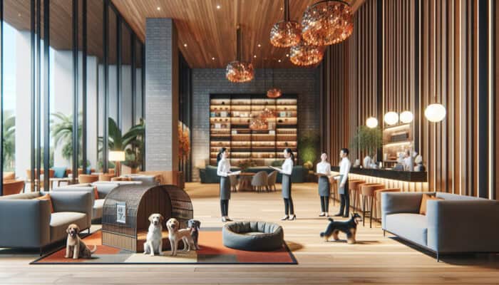 A cozy hotel lobby with a pet-friendly area, including a pet spa and dog beds, with staff engaging guests and their pets.