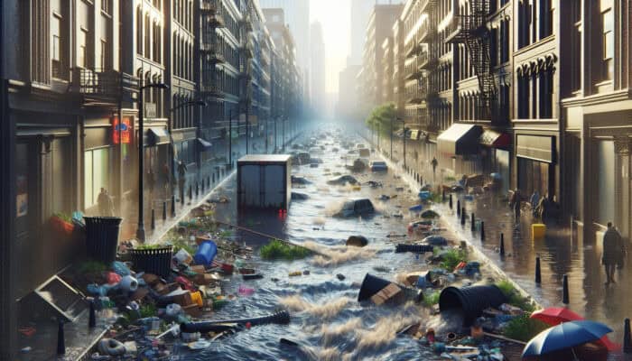 A flooded urban street with overflowing catch basins, debris, damaged infrastructure, and polluted runoff entering a river.