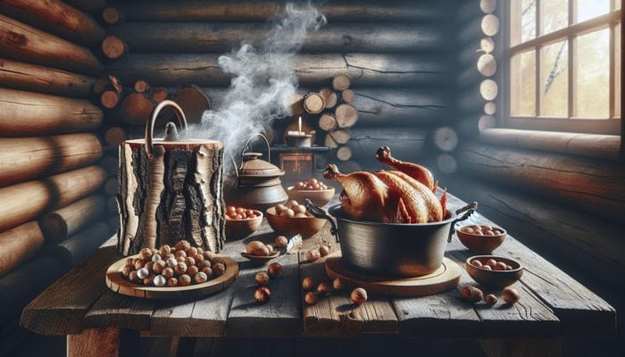 Using Hickory For Smoky Chicken: Shagbark and Mockernut hickory logs on a rustic table, smoking chicken in a cozy cabin.