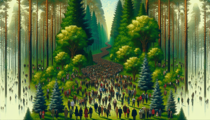 Create Evergreen Content for Long-Term Rankings: A lush green forest symbolizing evergreen content, attracting diverse people continuously.