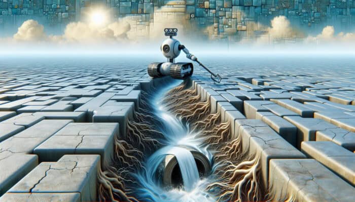 Sewer Inspection Services in Chilliwack: A sewer inspection robot in a cracked pipe with root intrusions in Chilliwack, under cloudy skies.