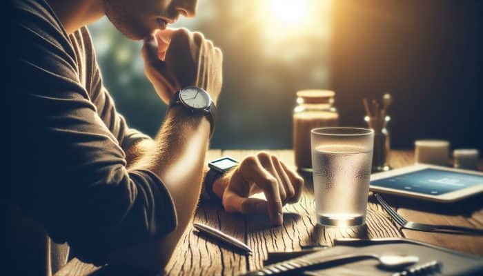 Person fasting for diabetes test, sitting with water, watching time, in calm morning.