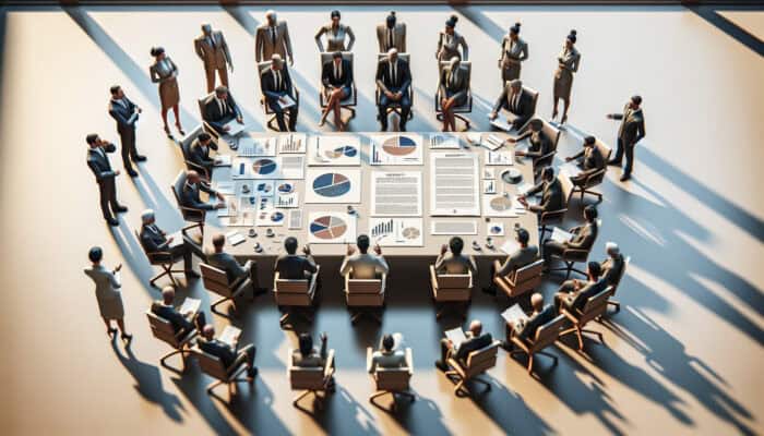 Dispute Settlement in Payment Agreements for Human VAs: A tense negotiation room with diverse individuals discussing a contract dispute, surrounded by legal documents and charts.