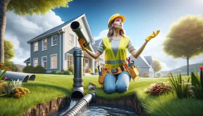 A plumber installing a modern downspout drainage system in a suburban yard under clear skies.