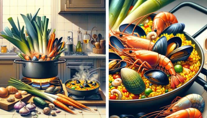 A steaming pot of homemade seafood stock with vegetables next to a paella pan with saffron rice and seafood.