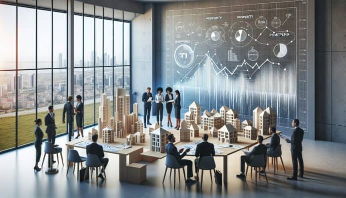 A modern office with financial planning charts, blueprints, and models; team discussing property upgrade strategies.