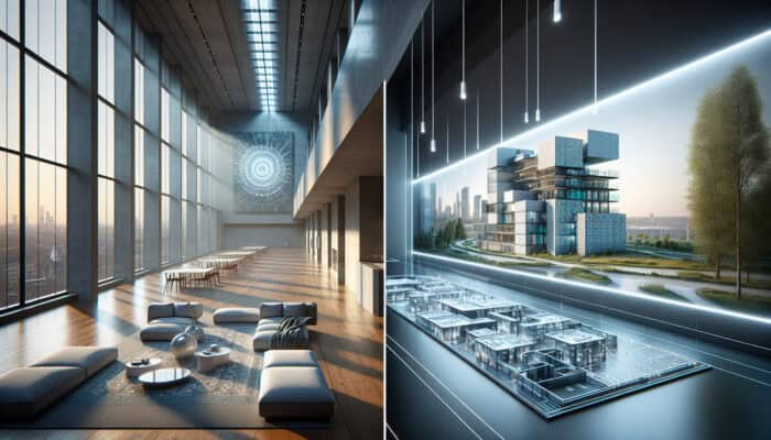 Modern Tate Modern gallery in London with dust control systems, eco-friendly cleaned residential complex in Manchester.