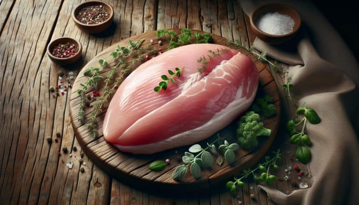 How to Cook a Juicy Turkey Breast: Fresh, high-quality turkey breast with marbling, pale pink, on rustic table with organic herbs and free-range label.