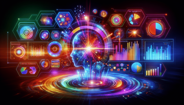 A futuristic dashboard with voice search analytics, colorful graphs, and SEO enhancement metrics.