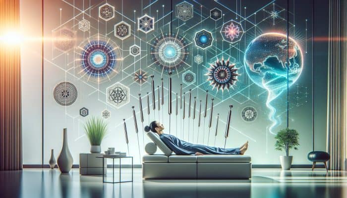 An athlete receiving acupuncture in a modern treatment room, surrounded by symbols of strength and wellness.