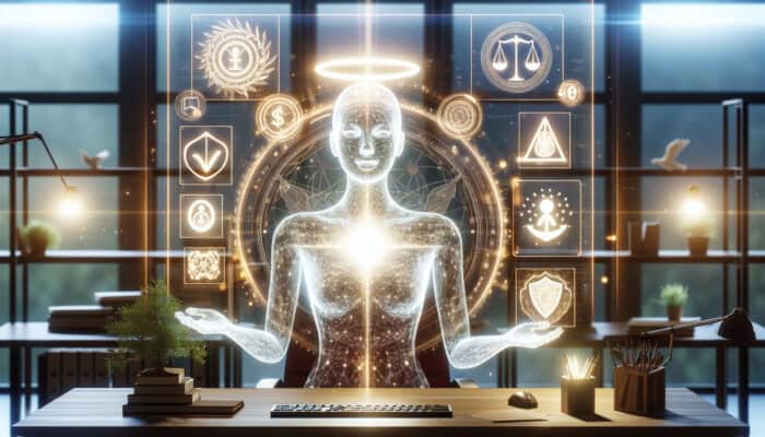 A glowing virtual assistant in a serene office, symbolizing fair compensation and respect under ethical guidelines.