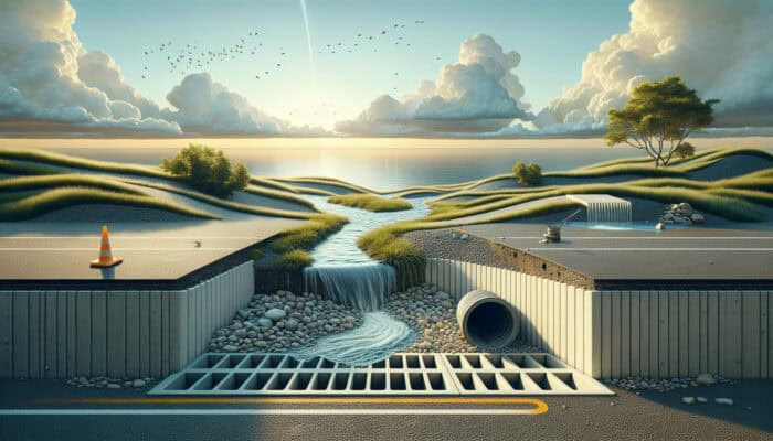 A serene landscape with a French drain, surface drain in a parking lot, and a dry well under a cloudy, rainy sky.