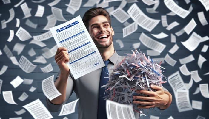 Are Debt Consolidation Loans Worth The Fees: UK Guide | DCL Are Debt Consolidation Loans Worth The Fees: Person in the UK smiling, holding debt consolidation loan document, shredded old debts in background, symbolizing financial freedom.