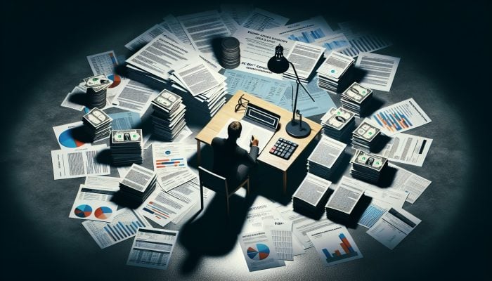 Are Debt Consolidation Loans Worth The Fees: UK Guide | DCL Person at desk comparing debt consolidation loan contract with individual debt statements using calculator and documents.