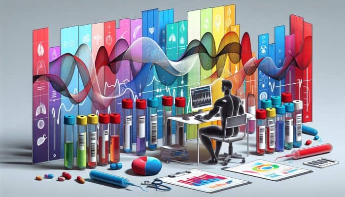 Well-Person Blood Test in Rutherglen: A blood test setup with vials labeled cholesterol, glucose, liver, and kidney, and a person reviewing results.
