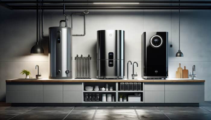 Hot Water Tank Services in Burnaby: A modern kitchen showcasing a conventional hot water tank, a sleek tankless unit, and an innovative hybrid model with heat pump technology.