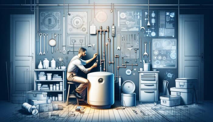 A technician installing a modern hot water tank in a clean Burnaby workshop, ensuring quality and reliability.