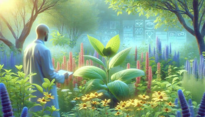A serene garden with herbs like lemon balm and ashwagandha, an expert examining plants in the background.