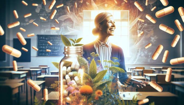 Sarah, a 35-year-old UK teacher, energized and stress-free, with Ashwagandha supplement in a herb-filled classroom.