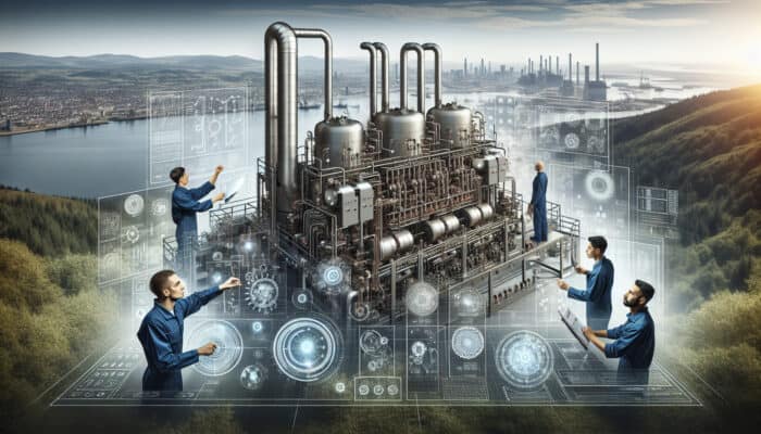 Modern boiler system schematic with technicians servicing equipment in Port Moody.