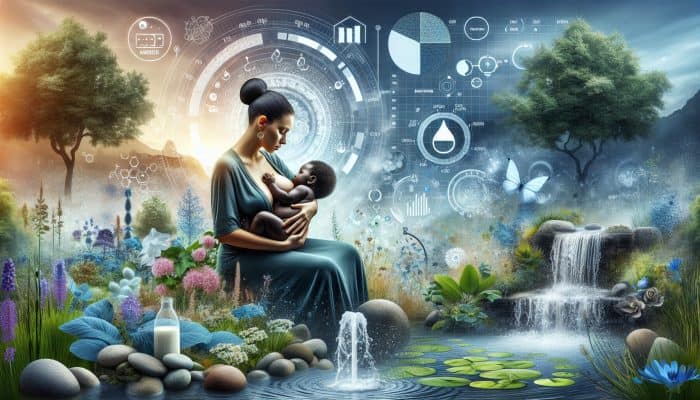 A mother breastfeeding in a garden with water elements, highlighting hydration importance.