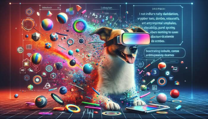 A dog wearing AR glasses chases virtual balls and frisbees in a vibrant digital environment, with a smartphone displaying the game interface nearby.