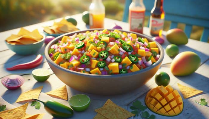 A vibrant bowl of mango salsa with diced mangoes, red onions, jalapeños, cilantro, and lime juice, served with tortilla chips.