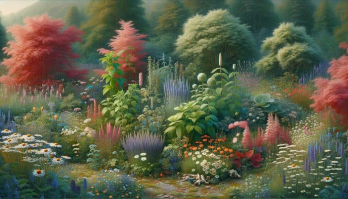 Natural Remedies for Migraines with Herbs: A serene garden showcasing feverfew, butterbur, lavender, peppermint, ginger, chamomile, and rosemary for migraine relief.