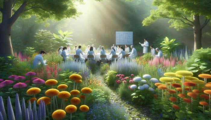 A serene garden with herbs like feverfew and butterbur, experts discussing migraine relief benefits.