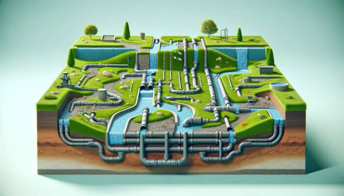 A cross-section of a lawn drainage system with pipes, trenches, basins, French drains, pumps, and grading directing water to outlet points.